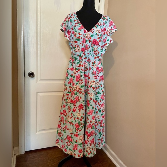 Ann Taylor Floral Flutter Sleeve Flare Dress Cherries Strawberries Blue Size 8 - Picture 9 of 9